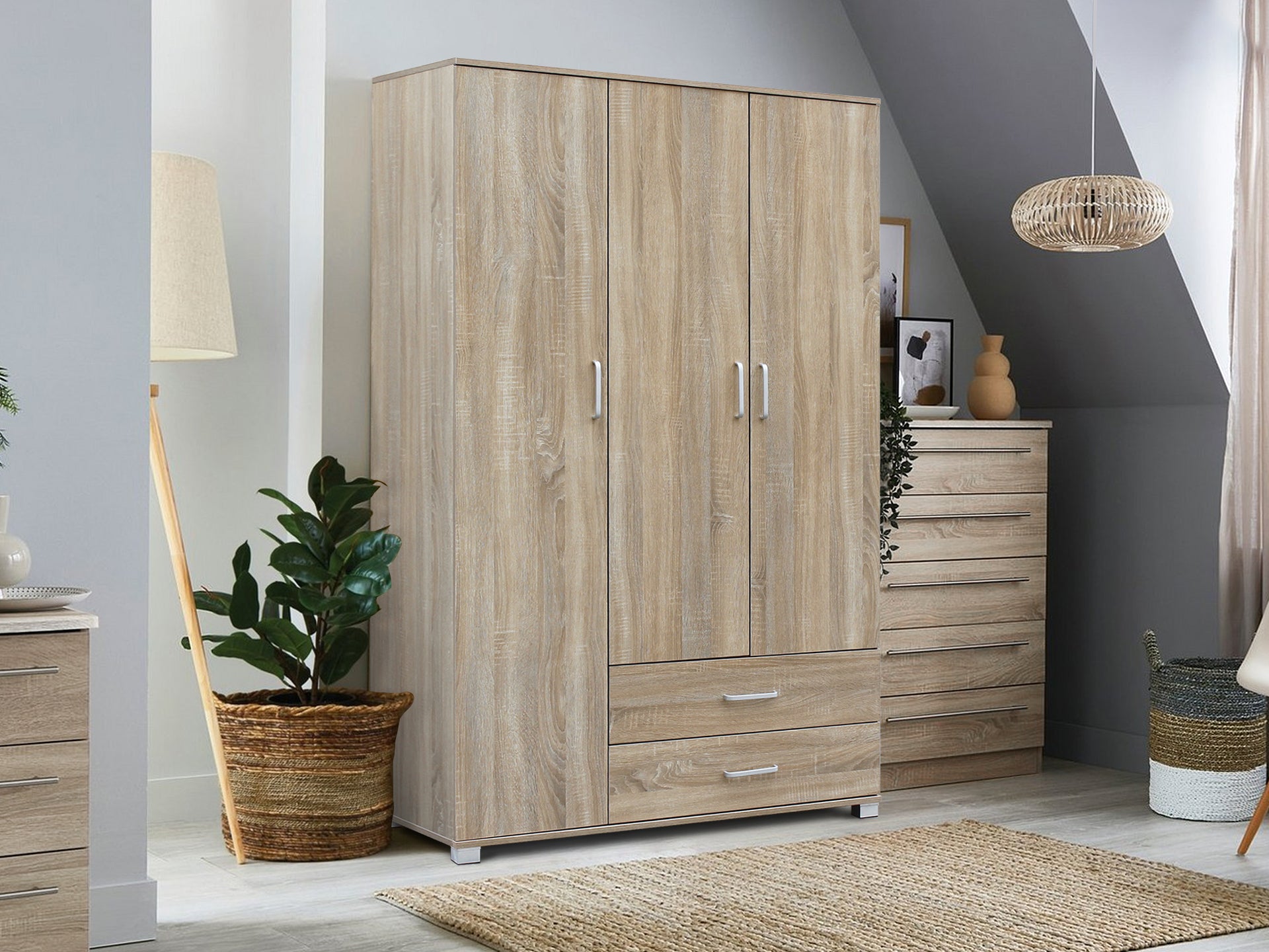 Bram 3 Door Wardrobe with 2 Drawers Oak Homemart