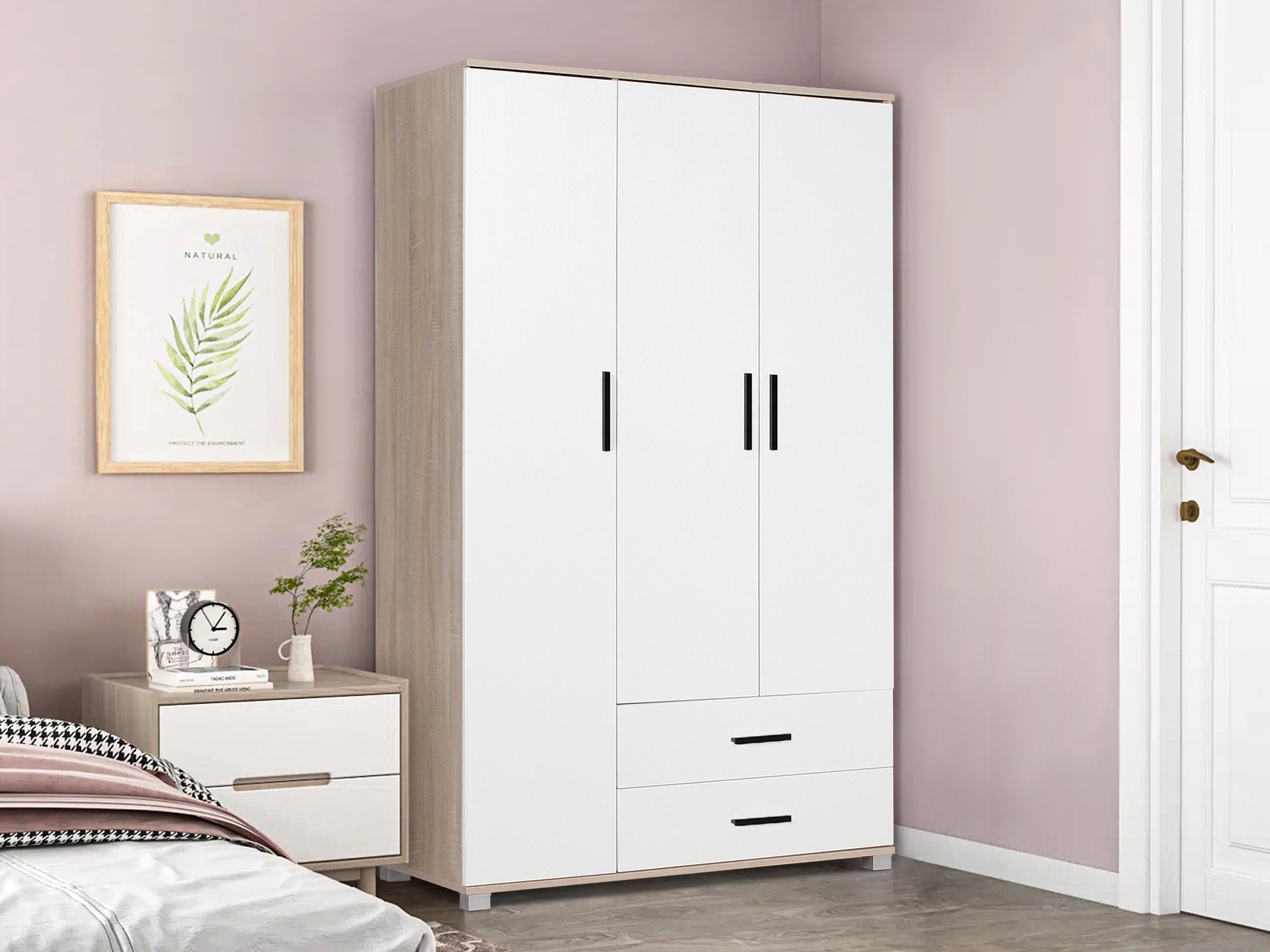 Bram 3 Door Wardrobe with 2 Drawers Oak + White Homemart