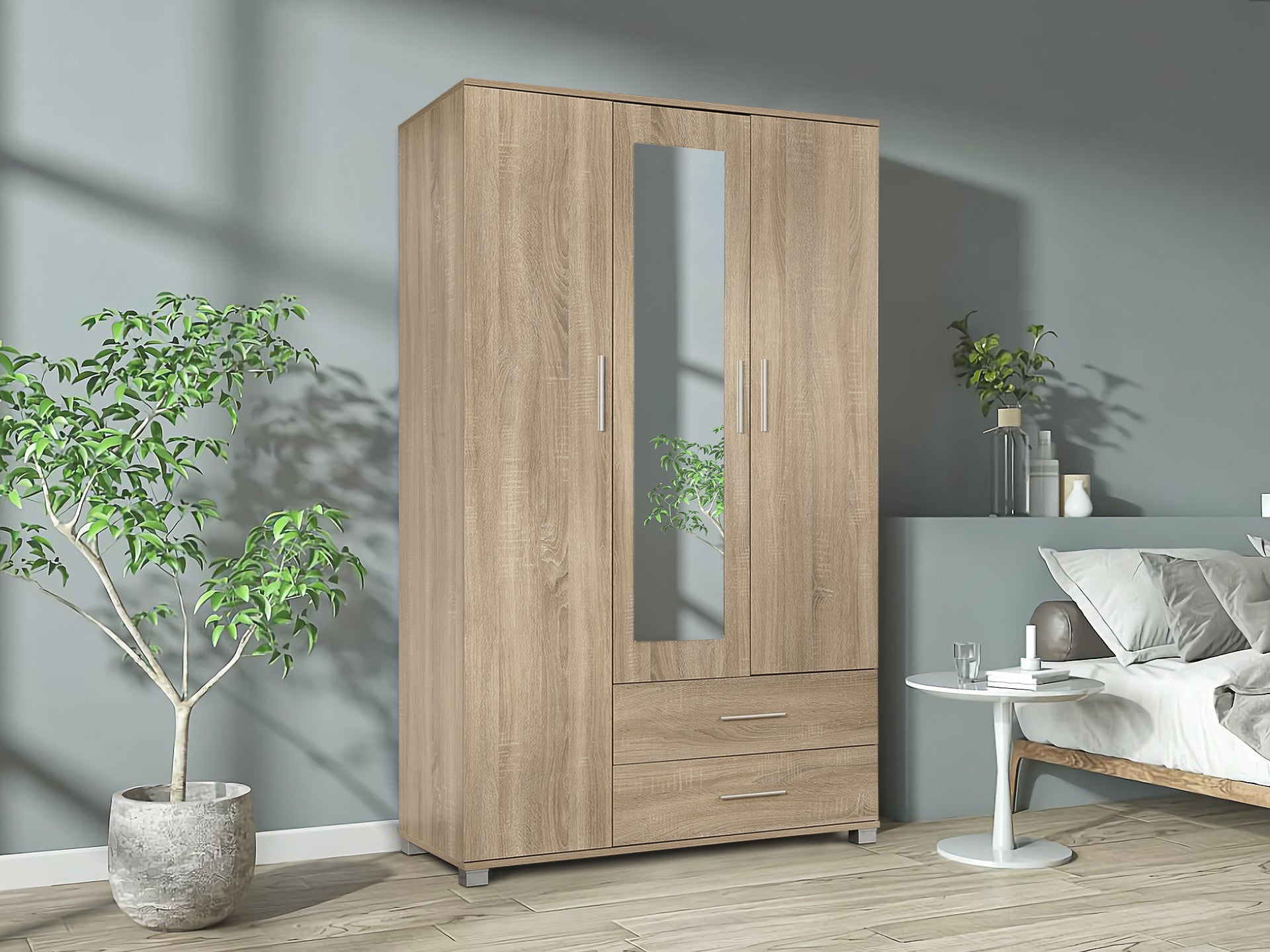 Bram 3 Door Wardrobe with Mirror Oak Homemart