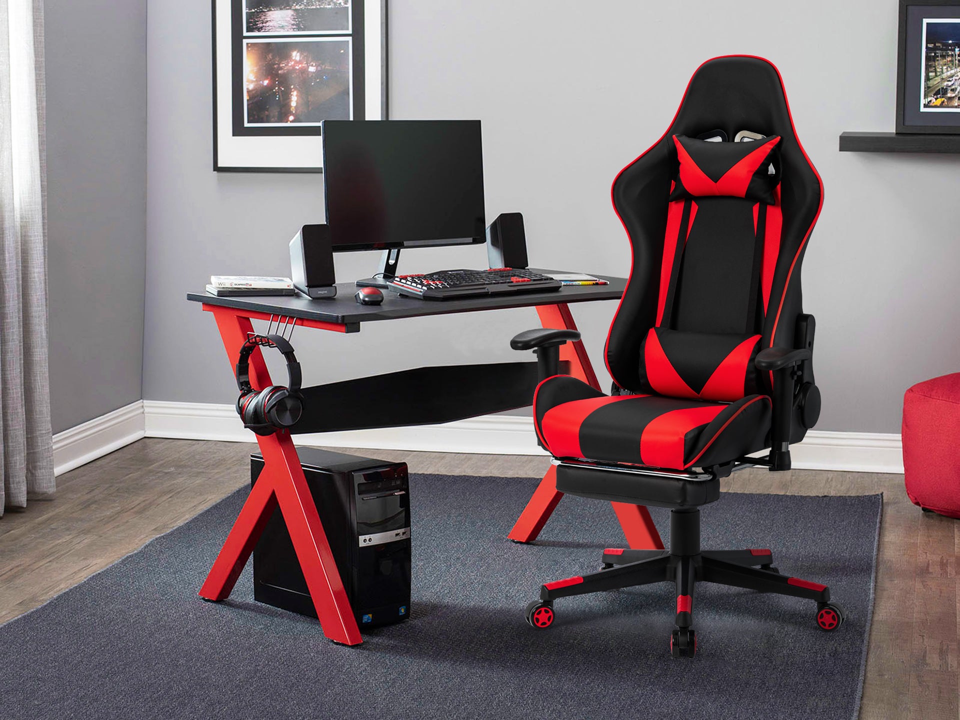 Detroit Gaming Chair with Footrest - Black + Red – Homemart