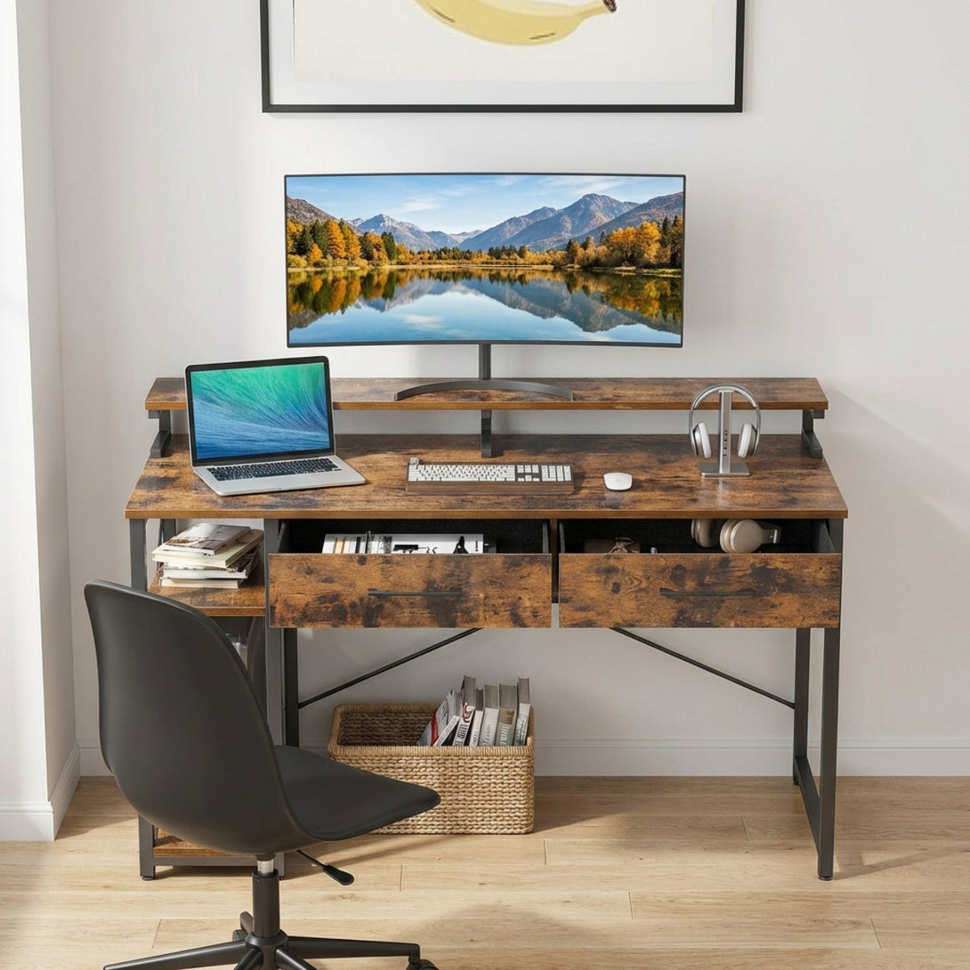 Rustic Spanned Desktop For Computer Gael 120cm Computer Desk with 2 Drawers - Rustic Brown
