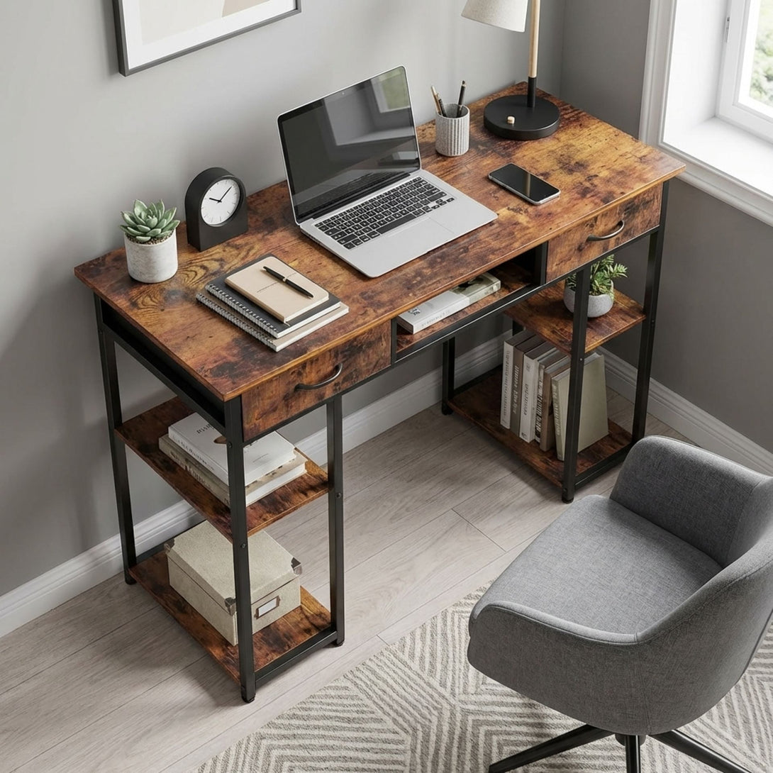 Richard 120m Computer Desk With Bookshelf - Rustic Brown