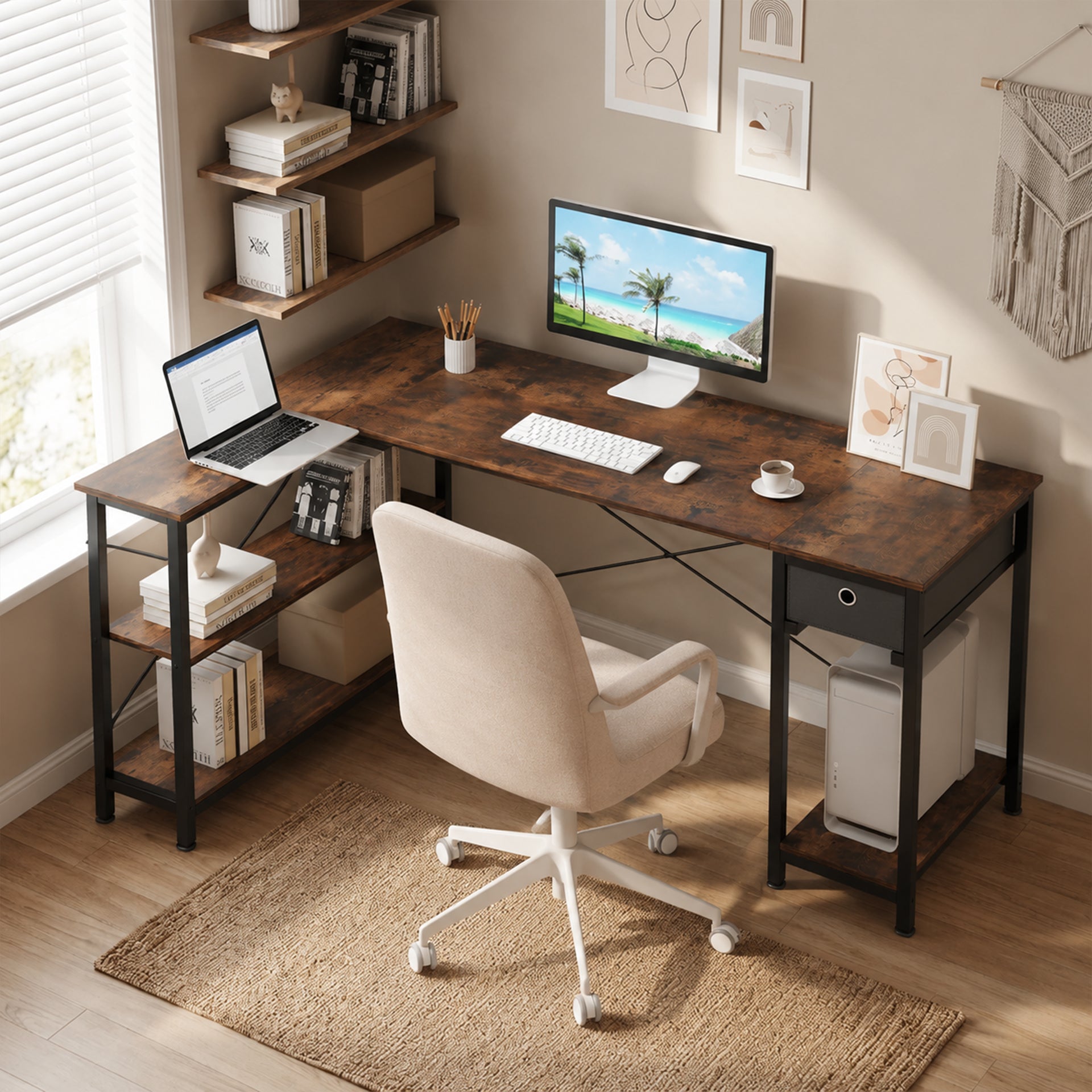 Simon Computer Corner Desk with Bookshelf - Rustic Brown