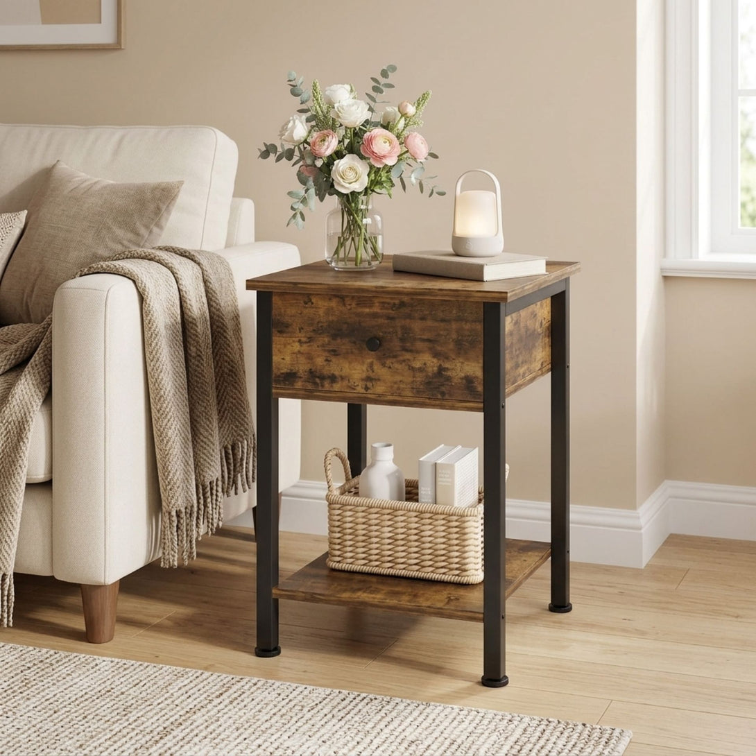 Atlas Side Table with Drawer and Storage Shelf - Rustic Brown