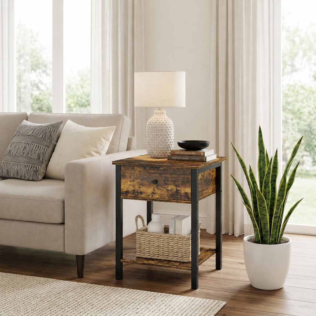 Atlas Side Table with Drawer and Storage Shelf - Rustic Brown