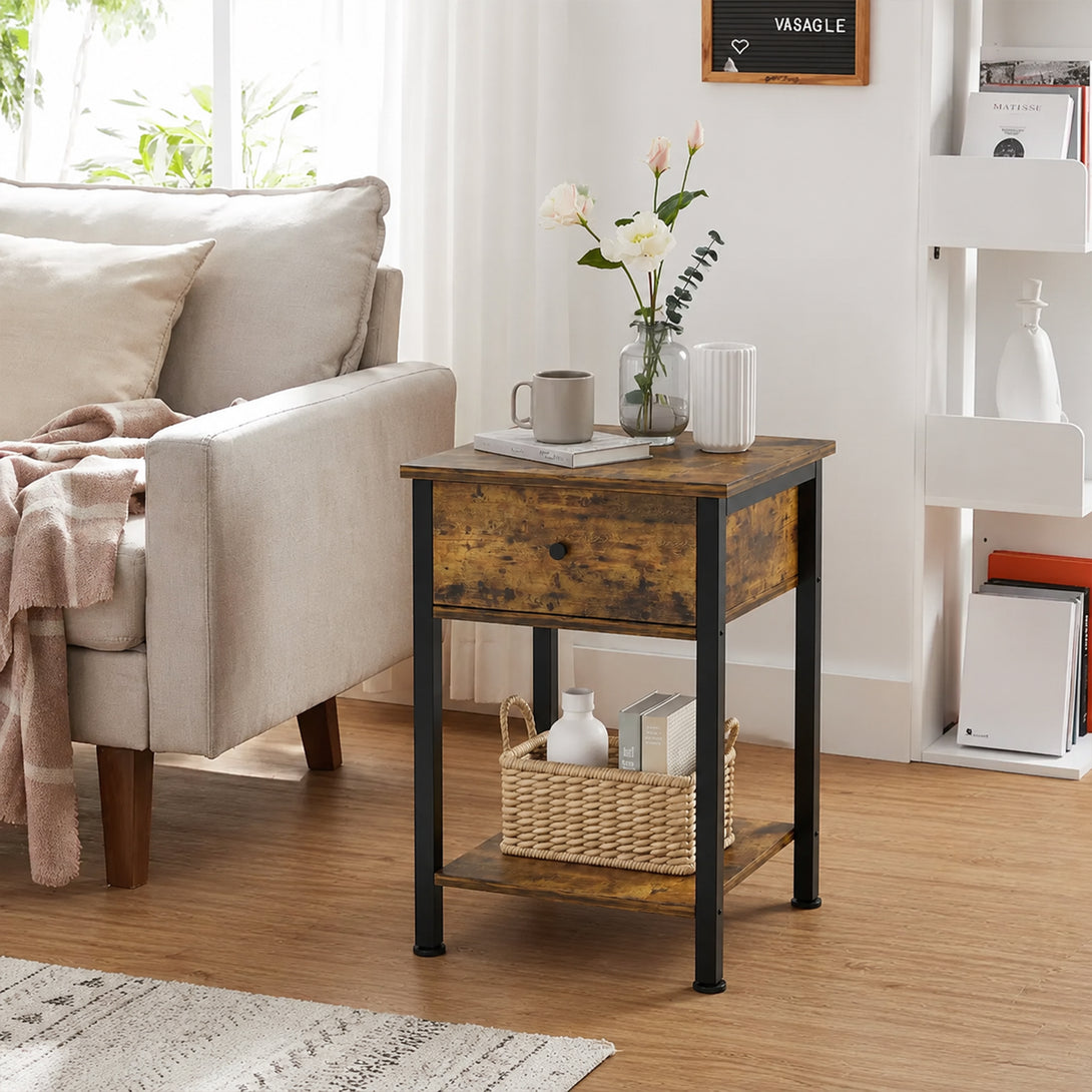 Atlas Side Table with Drawer and Storage Shelf - Rustic Brown