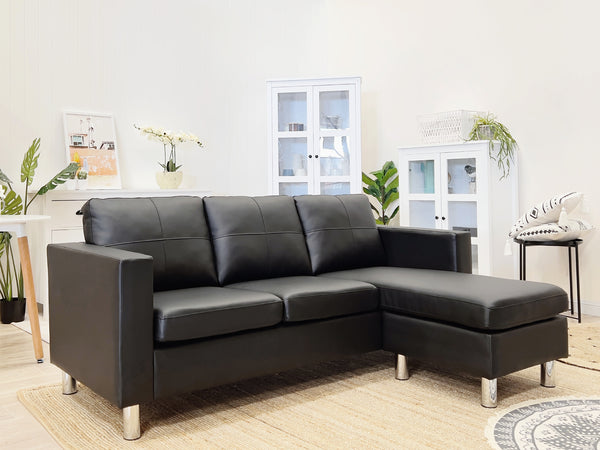 SEATTLE 3-Seater PU Sofa Couch with Chaise - Black