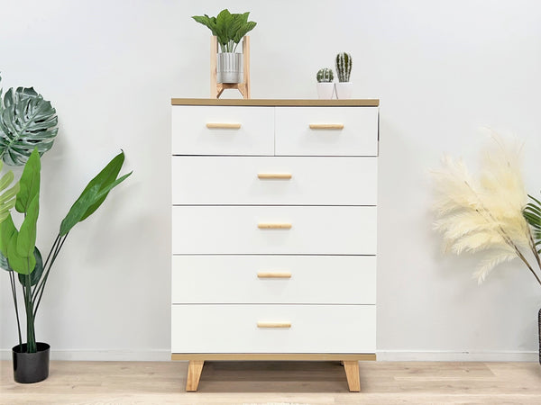 Alton Tallboy 6 Drawers - Natural + White