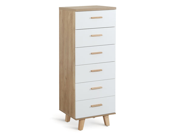 Slim Tallboy with 6 Drawers - Oak + White