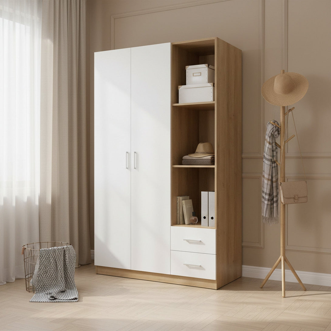 Harris 3 Door Wardrobe with Drawers - Oak + White