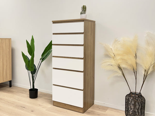 Harris 6 Drawer Tallboy with Mirror - Oak + White