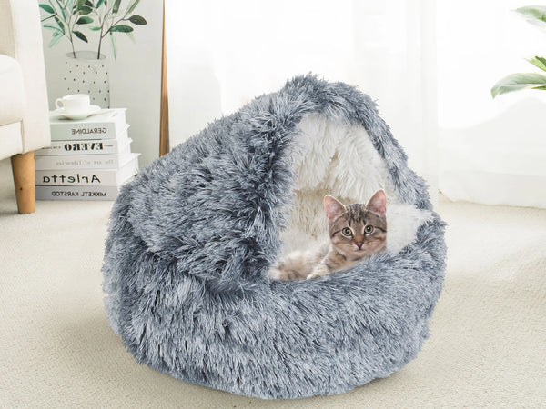 Soft Plush Cat Cave Bed - Grey