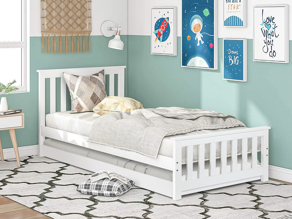 HOBSON Single Wooden Trundle Bed Frame - WHITE