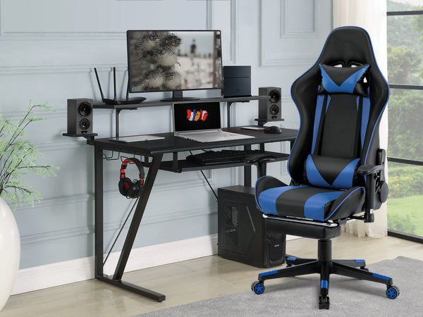 Detroit Gaming Chair with Footrest - Blue + Black