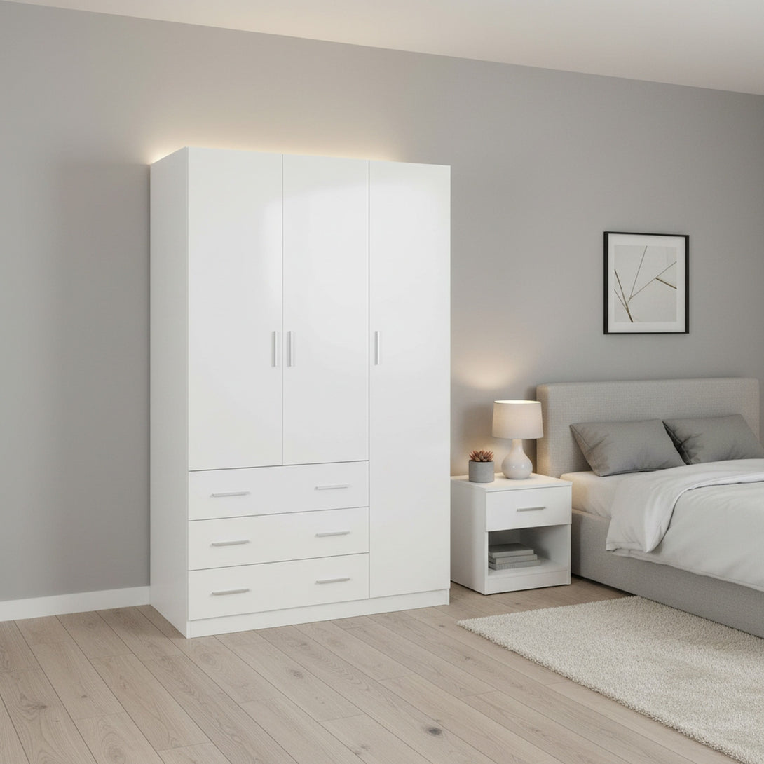 Tongass 3 Door Wardrobe with 3 Drawers - White