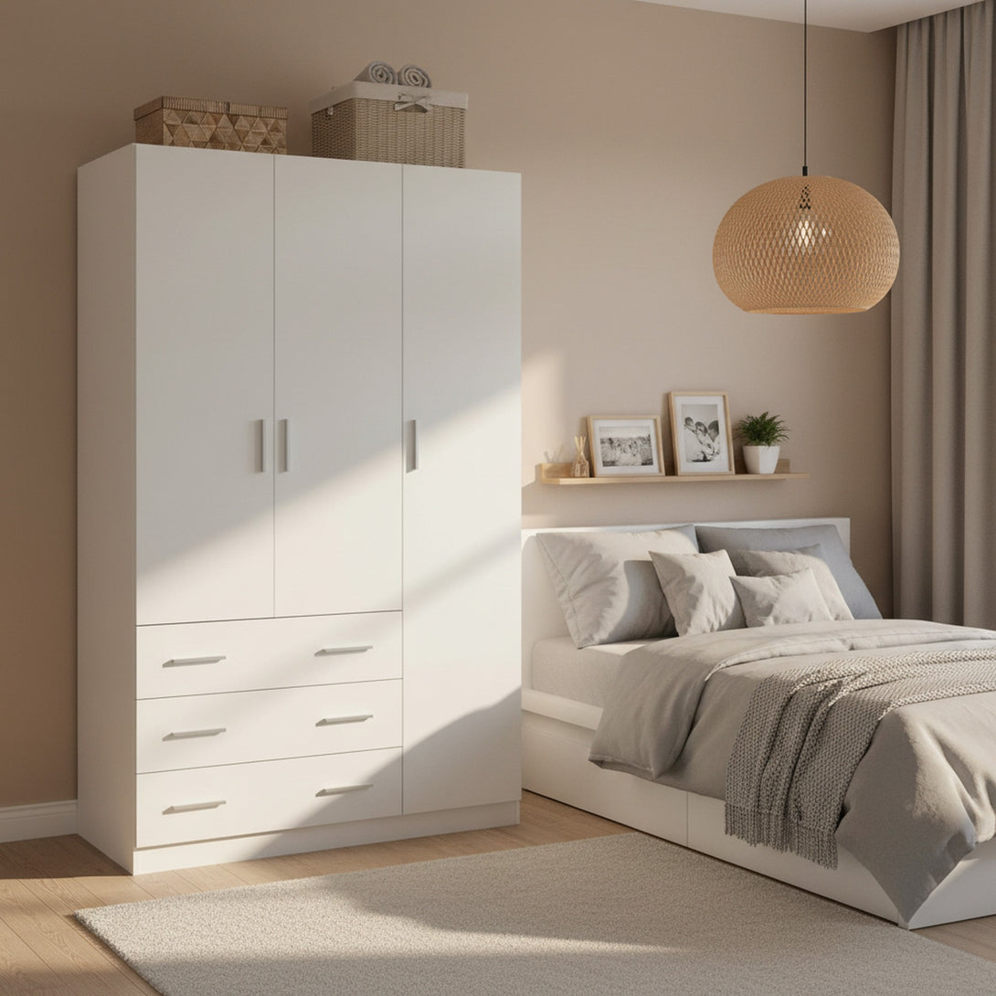 Tongass 3 Door Wardrobe with 3 Drawers - White