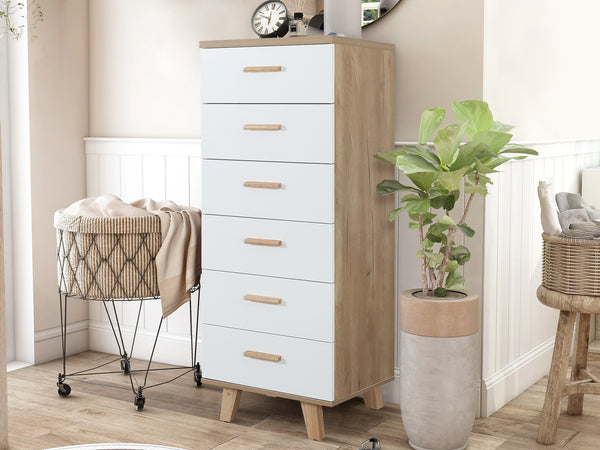 Alton Slim Tallboy 6 Drawers - Natural + White