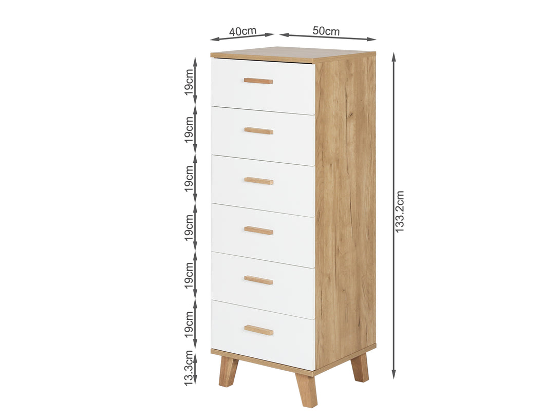 Alton Slim Tallboy 6 Drawers - Natural + White