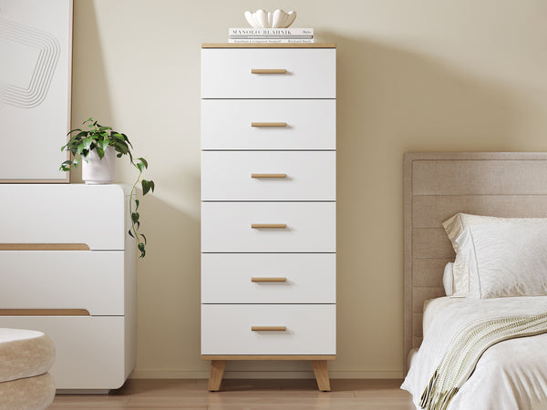 Alton Slim Tallboy 6 Drawers - Natural + White