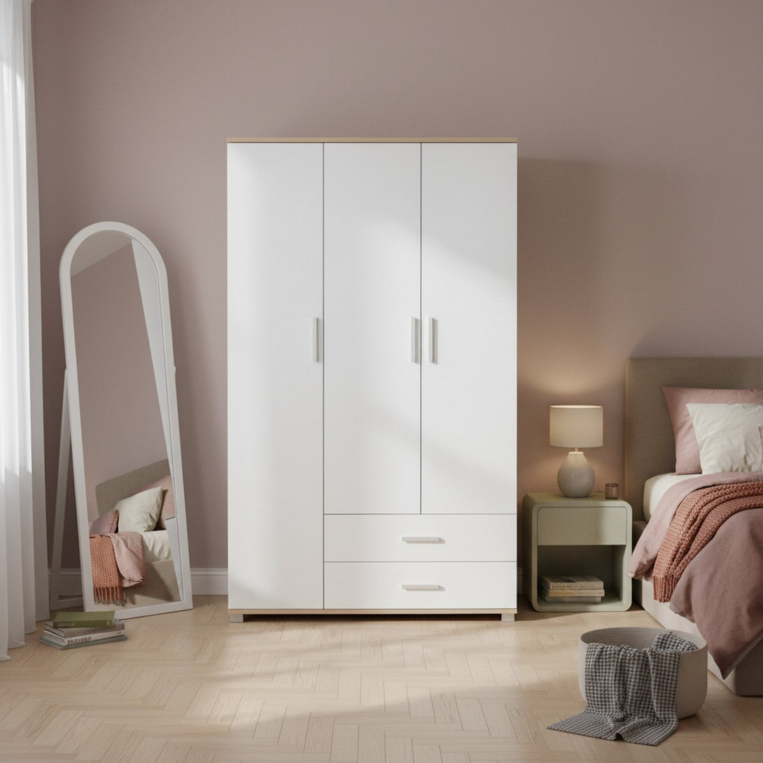 Bram 3 Door Wardrobe with 2 Drawers - Oak + White
