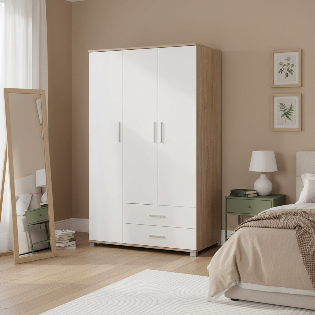 Bram 3 Door Wardrobe with 2 Drawers - Oak + White
