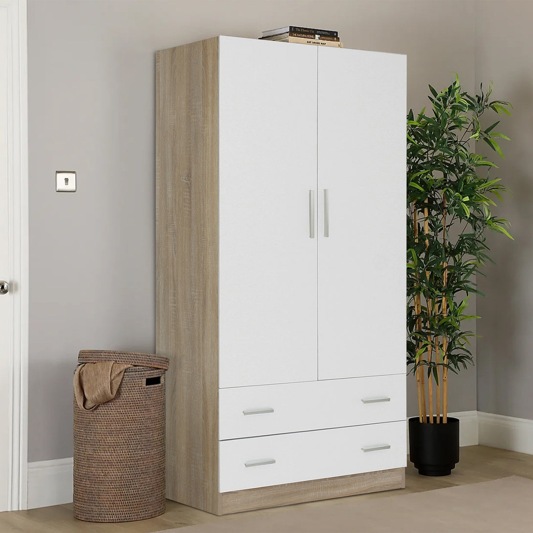 Bram 2 Door Wardrobe with 2 Drawers - Oak + White