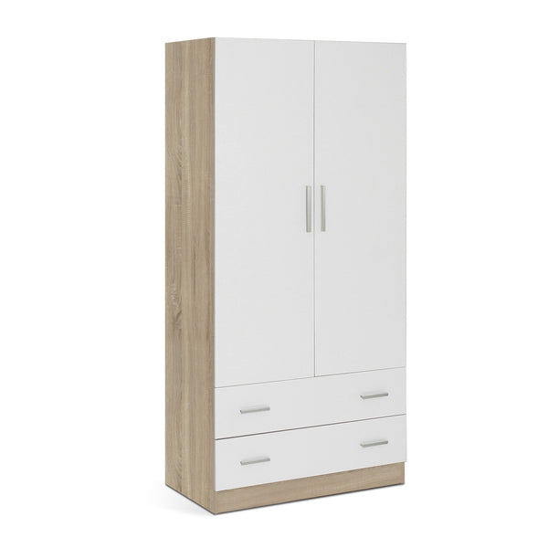 Bram 2 Door Wardrobe with 2 Drawers - Oak + White