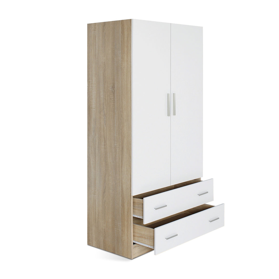 Bram 2 Door Wardrobe with 2 Drawers - Oak + White
