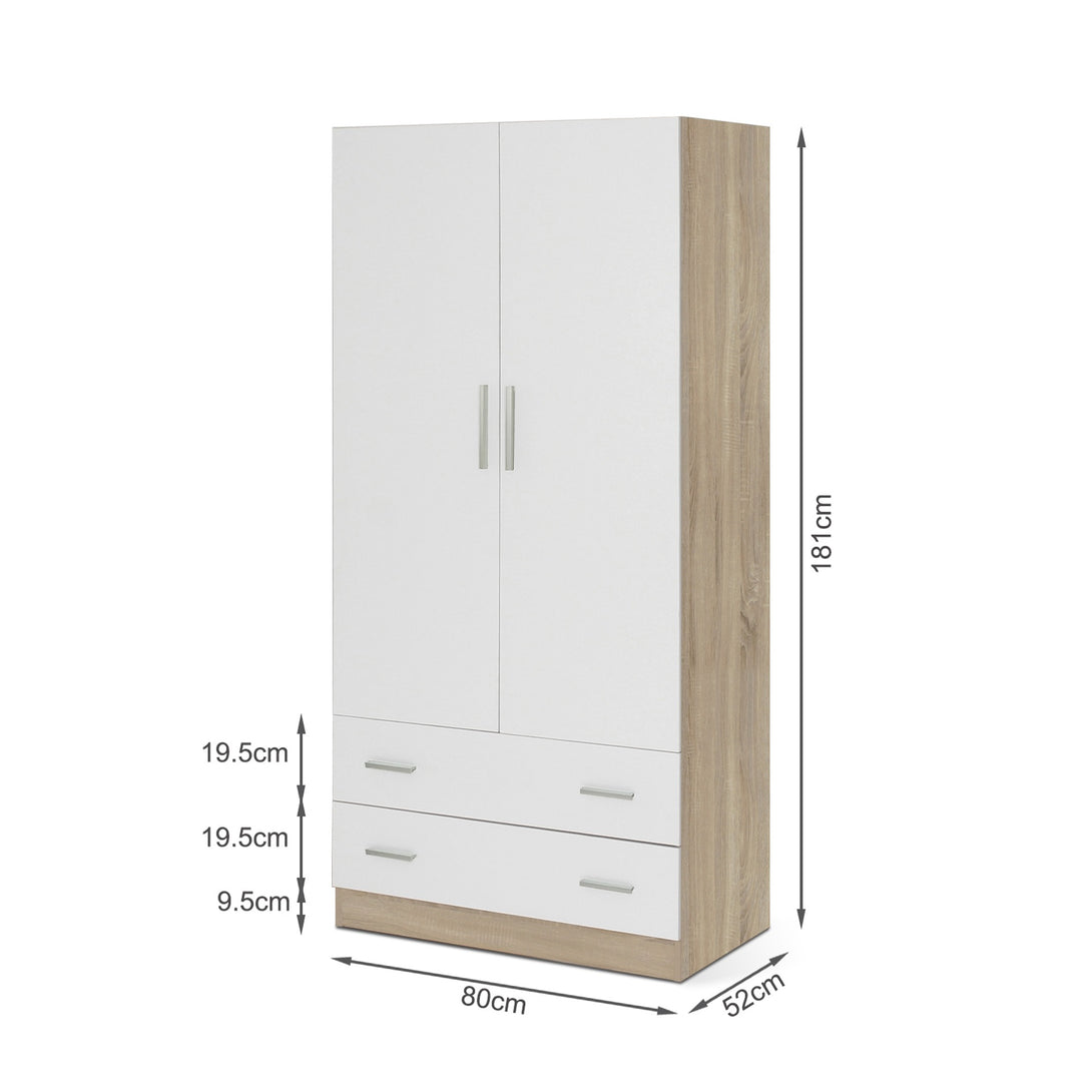 Bram 2 Door Wardrobe with 2 Drawers - Oak + White