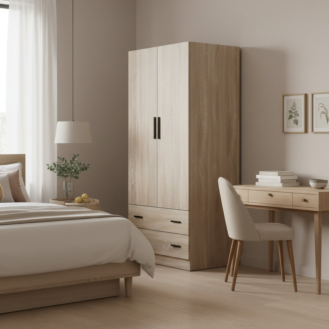 Bram 2 Door Wardrobe with 2 Drawers - Oak