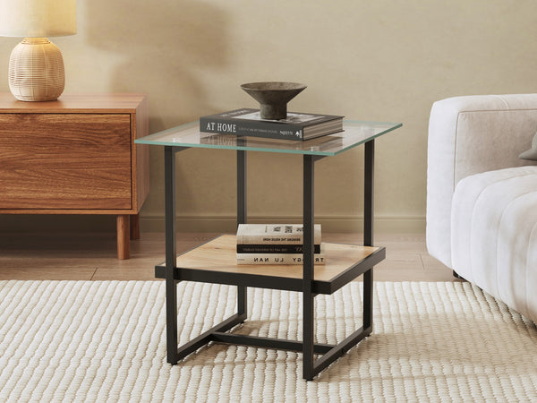 Hala Tempered Glass Top Side Table - Oak + Black