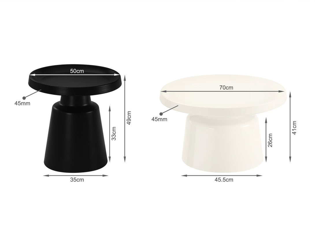 Quill 2 Piece Coffee Table Set dimensions: black and white tables with height and diameter details for modern interiors.