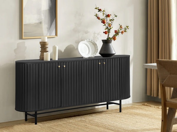 Modern Lassen Sideboard Buffet Table in black with fluted texture, MDF build, and metal legs for versatile home storage.