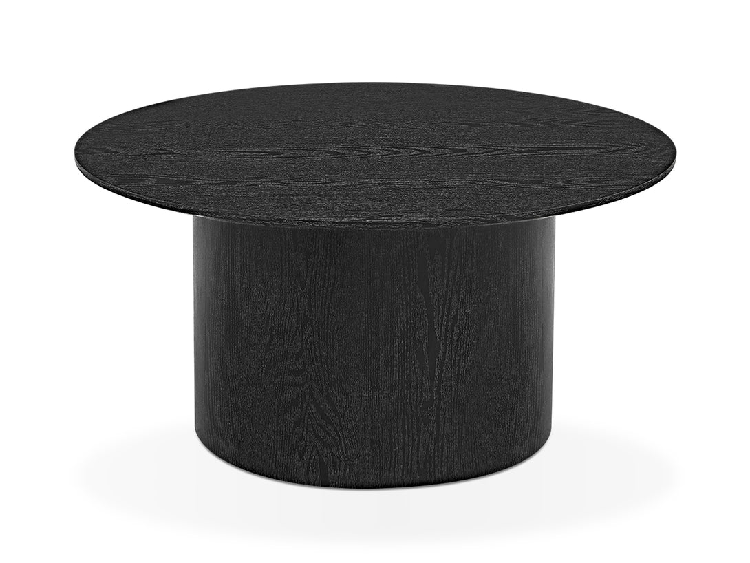 Adley Round Coffee Table 90cm in black wood grain finish with robust pedestal base and smooth surface.
