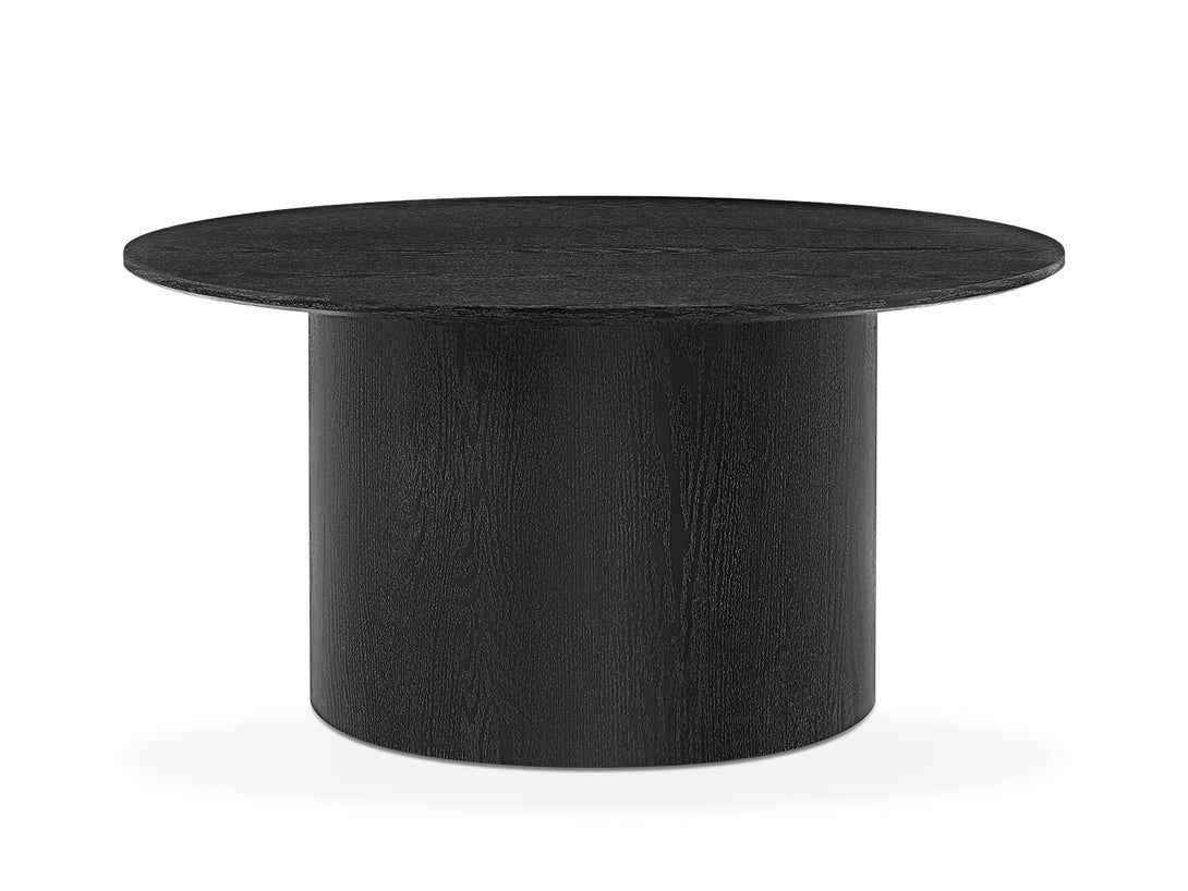 Adley Round Coffee Table 90cm in black, featuring a stylish wood grain finish and robust pedestal base for stability.