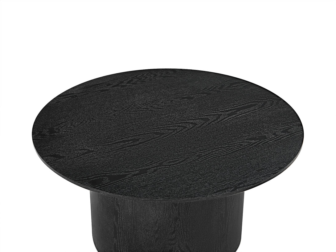 Adley Round Coffee Table 90cm in black wood grain, featuring a smooth surface and sturdy pedestal base for stability.