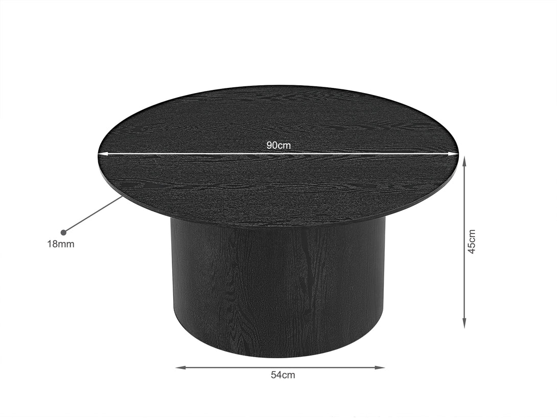Adley Round Coffee Table 90cm in black, featuring a pedestal base and compact design, ideal for homes and cafes.