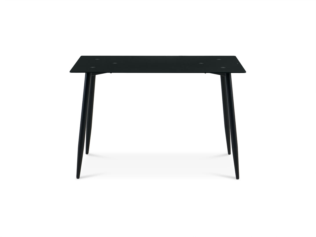 Dusty tempered glass top dining table 120x70cm in black with sturdy powder-coated legs, ideal for modern dining and activities.