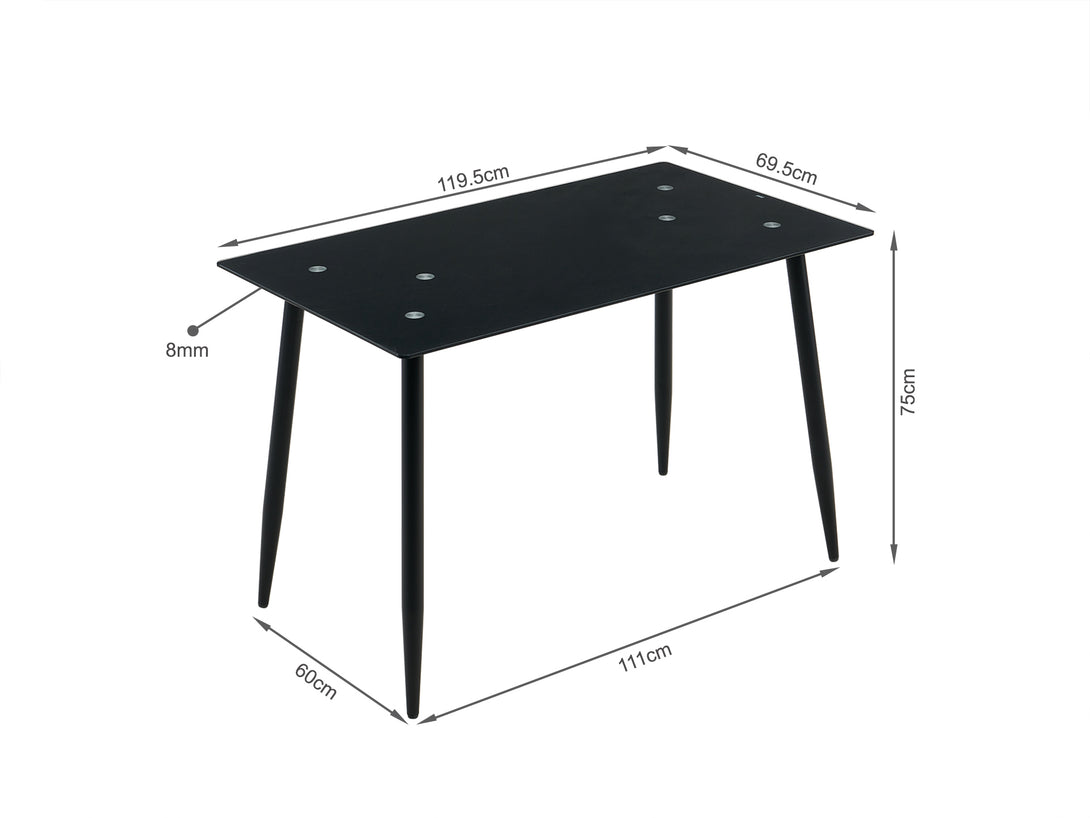 Dusty Tempered Glass Top Dining Table 120x70cm in black with measurements and design details.