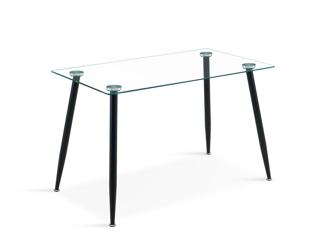 Eliot tempered glass top dining table 120x70cm with black metal legs, ideal for dining or cafes.