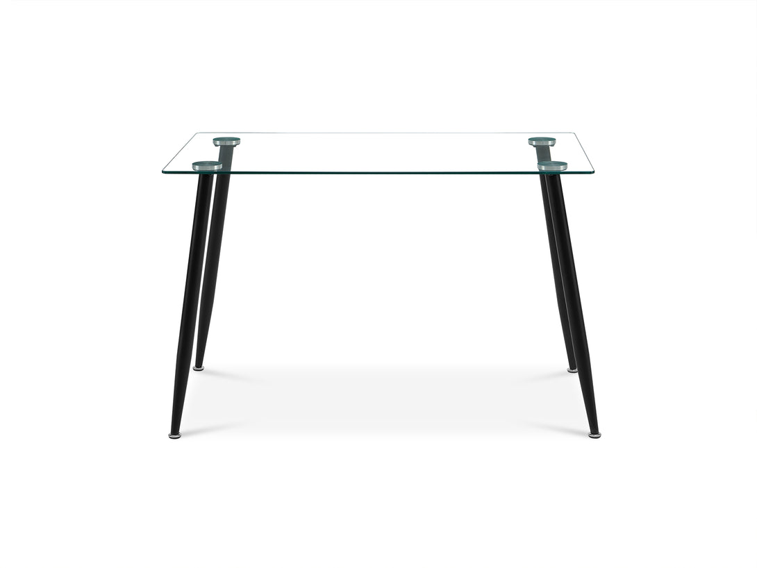 Eliot tempered glass top dining table with black powder-coated metal legs, 120 x 70cm, perfect for dining and storage.
