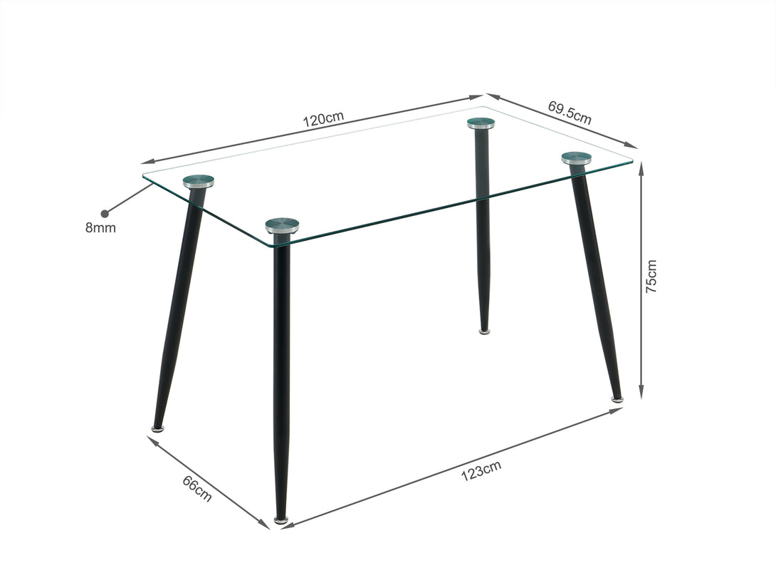 Eliot tempered glass top dining table dimensions 120x70cm with black metal legs for dining or storage.