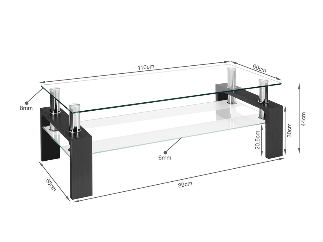 Ollie Tempered Glass Rectangle Coffee Table 110 x 60cm - Black