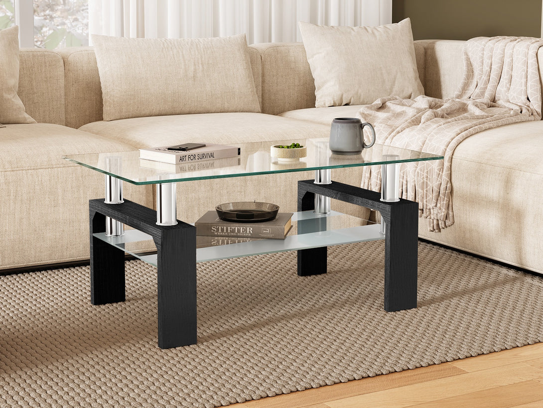 Ollie Tempered Glass Rectangle Coffee Table 110 x 60cm - Black