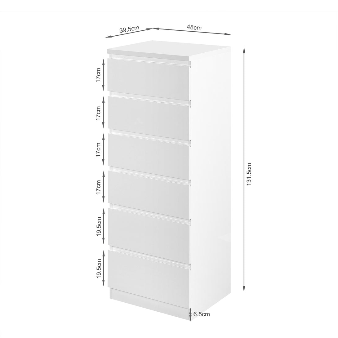 Angeles High Gloss 6 Drawer Slim Tallboy - White