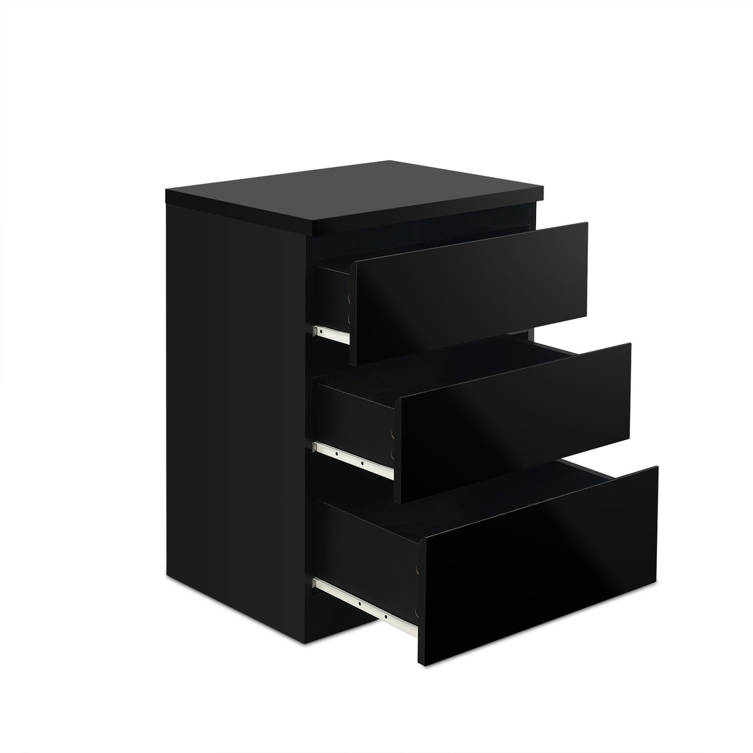 Angeles High Gloss Bedside Table with 3 Drawers - Black