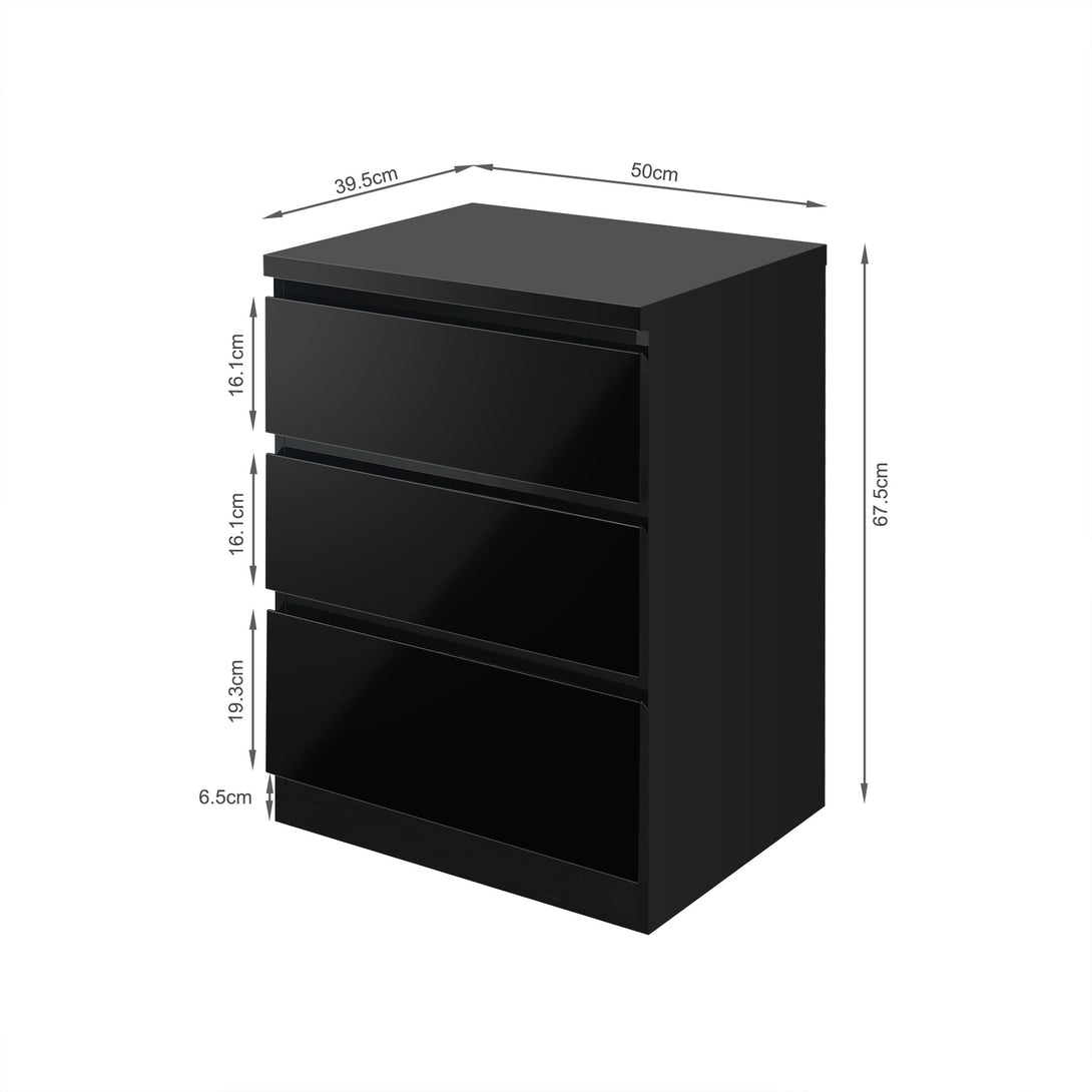 Angeles High Gloss Bedside Table with 3 Drawers - Black
