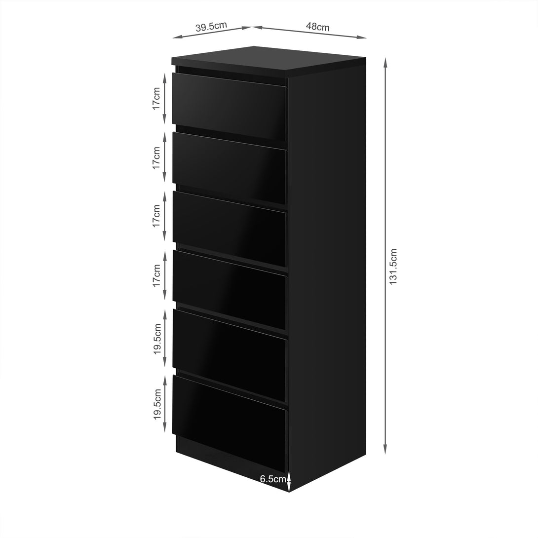 Angeles High Gloss 6 Drawer Slim Tallboy - Black 