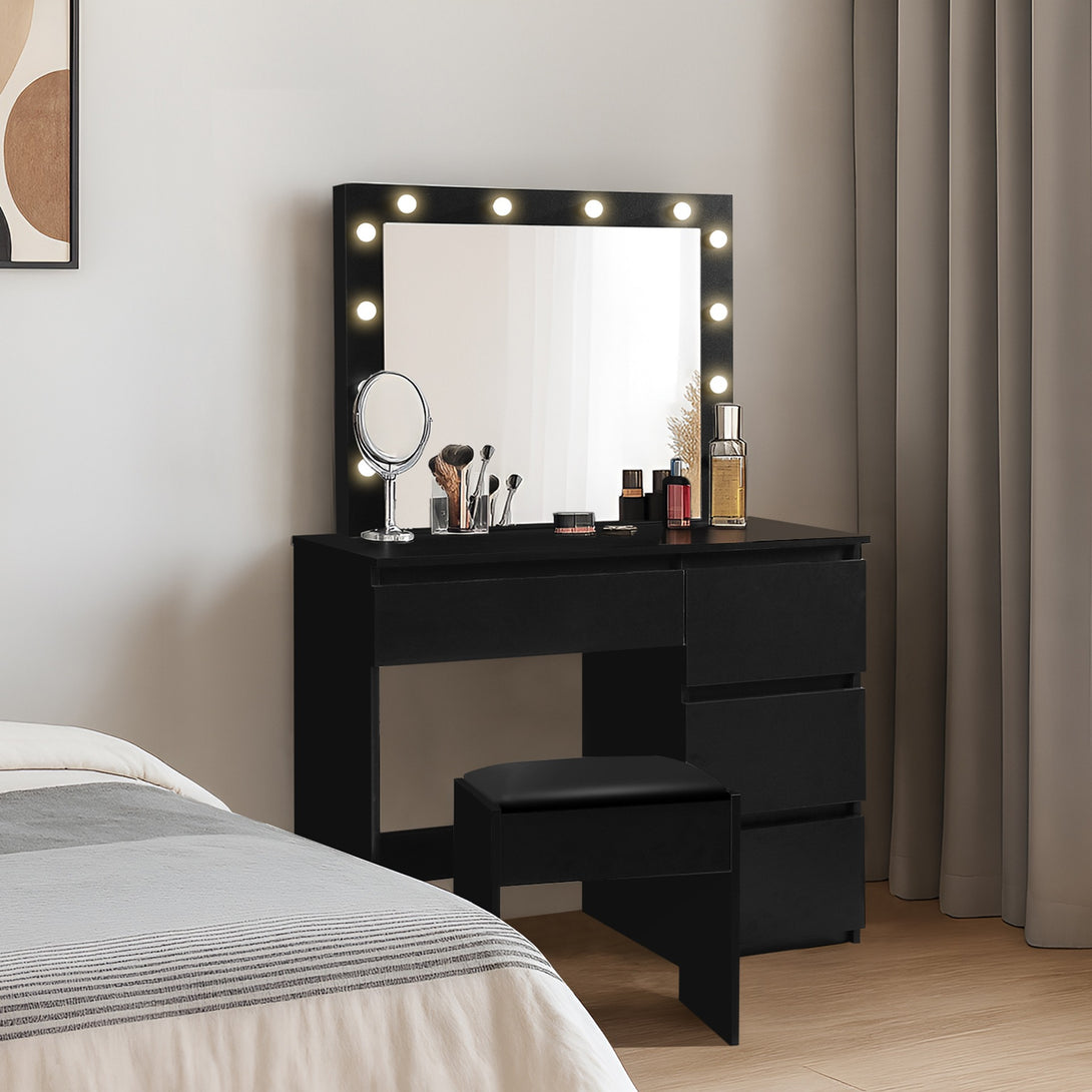 BEGONIA 2 Piece Dressing Table with Mirror & Stool Set - Black