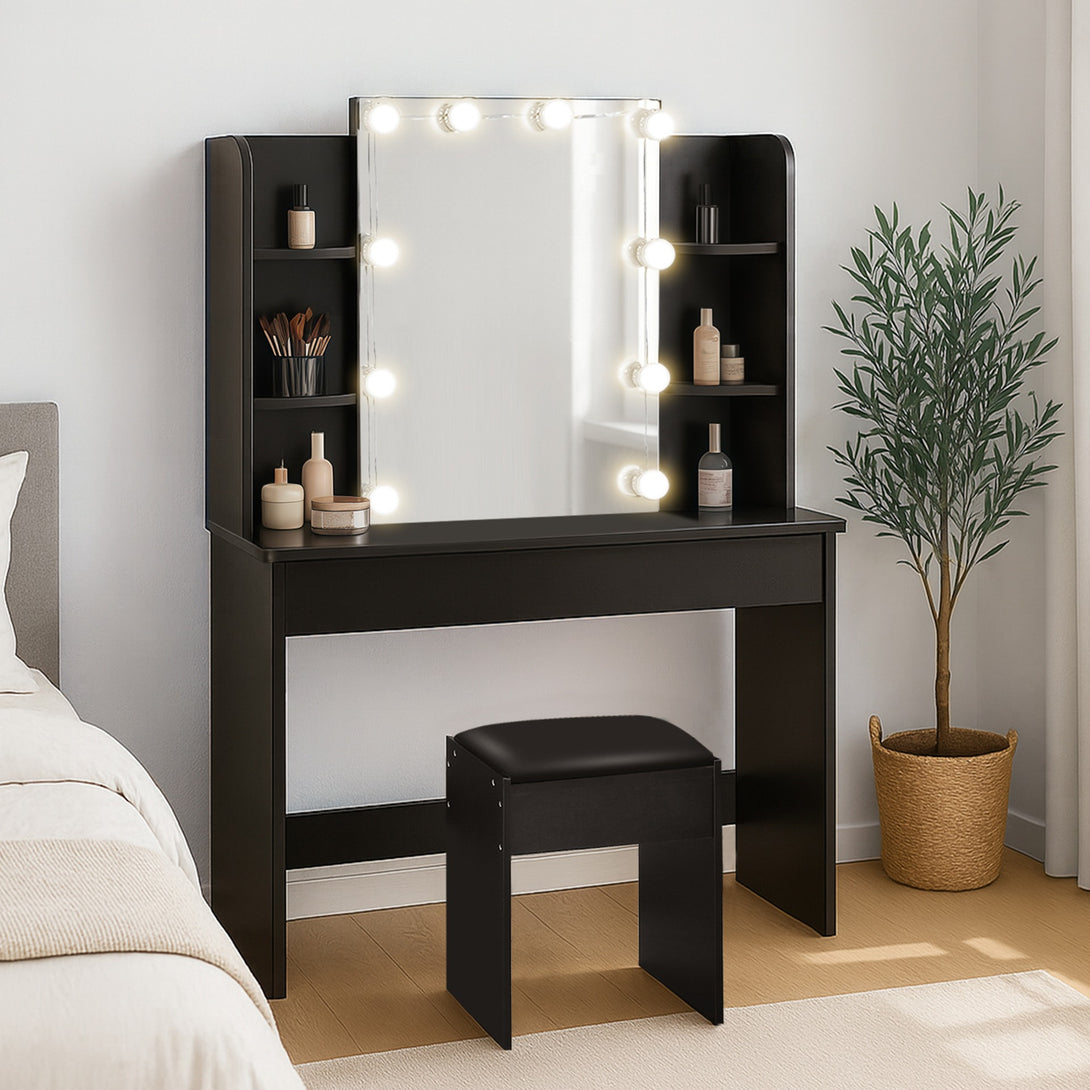 CELOSIA 2 Piece Dressing Table with Mirror & Stool Set - Black